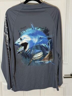 Men's Gray Long Sleeve Performance Shirt with Shark Graphic